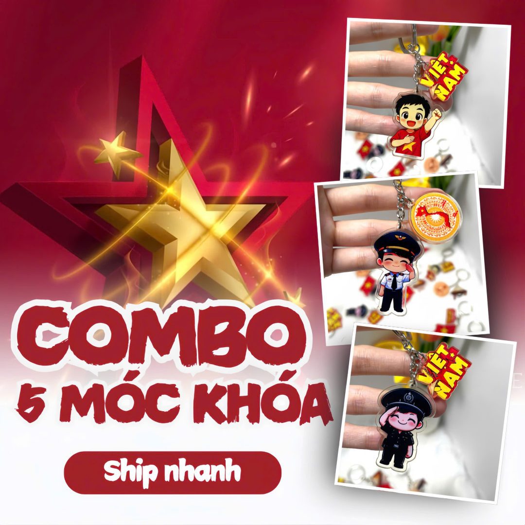 Combo 5 móc khóa Việt Nam viền trong chủ đề Quốc khánh 2/9 – in hình chibi nhân vật mặc đồng phục và biểu tượng yêu nước.