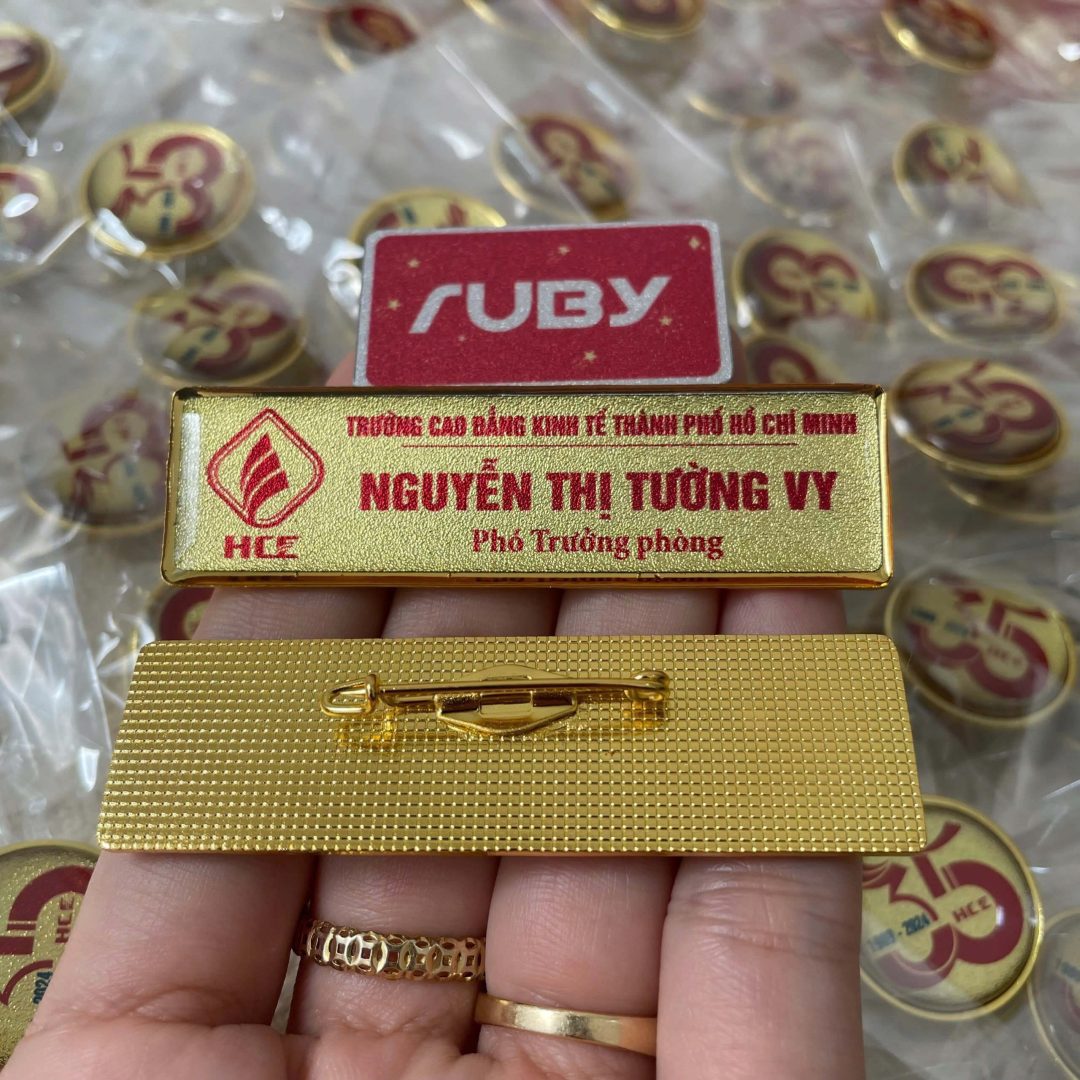 Bảng tên kim cài đồng xi vàng cho trường học, Cao đẳng Kinh tế TP.HCM, logo HCE, sản xuất bởi Ruby.