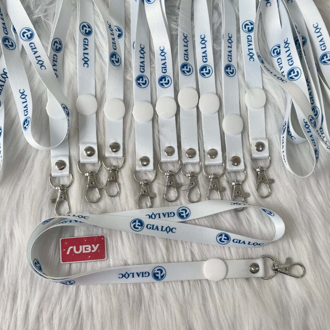 Dây Đeo Thẻ Satin Trắng Có Nút Điều Chỉnh - In Logo Gia Lộc