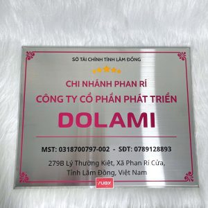 Bảng inox DOLAMI chi nhánh Phan Rí, nền bạc xước, ăn mòn chữ hồng nổi bật