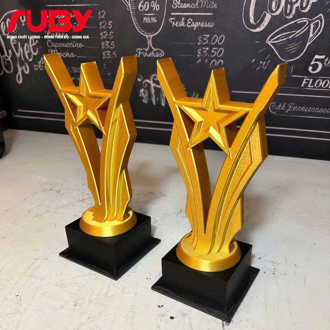 Bộ đôi cúp ngôi sao vàng đế đen vinh danh cá nhân xuất sắc, kỷ niệm chương in 3D sắc nét thương hiệu Ruby.